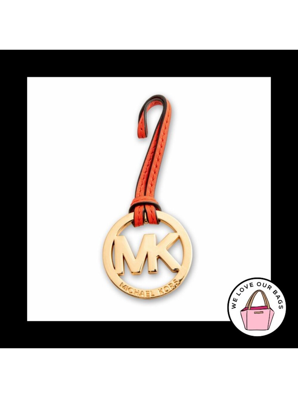 MICHAEL KORS Gold Brass Red Leather Strap Bag Charm Hang Tag Keychain Fob